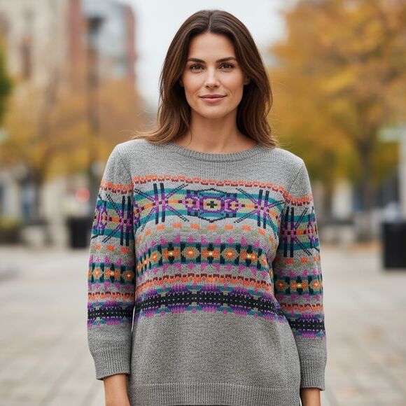 Chaps Fair Isle Sweater XL Cotton Blend Vintage Gray Crew Neck Womens Size 1X - Picture 1 of 15